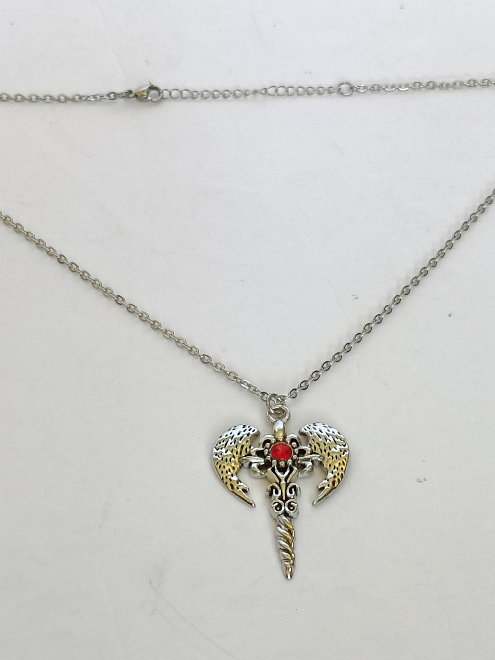 Gothic Angel Wing Pendant Necklace Red Gem - Picture 5 of 6